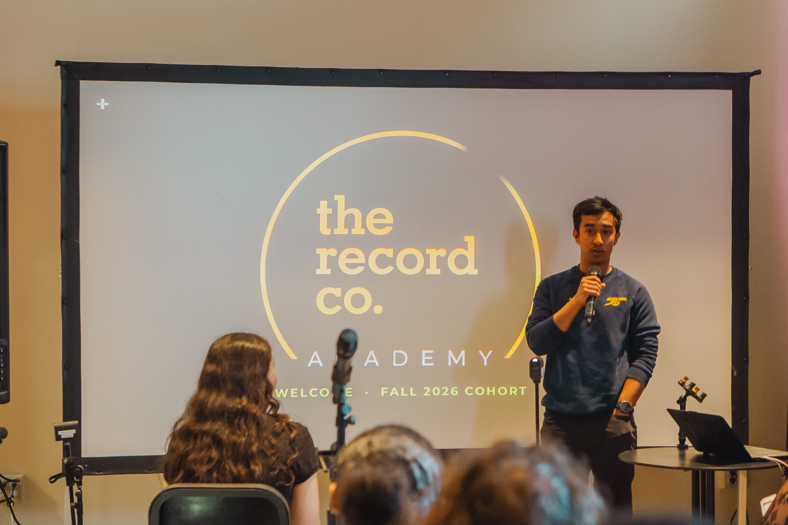 Anupe speaking at the Fall 2026 cohort welcome at The Record Co. Academy in Boston
